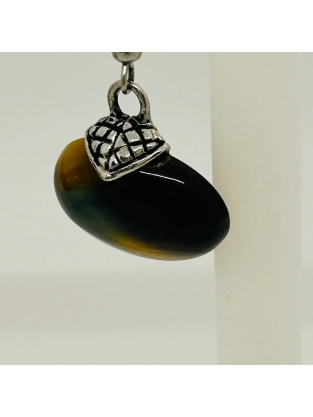 Tiger's Eye Dangle Drop Earrings Oval Gemstone Silver Tone Accents Modernist